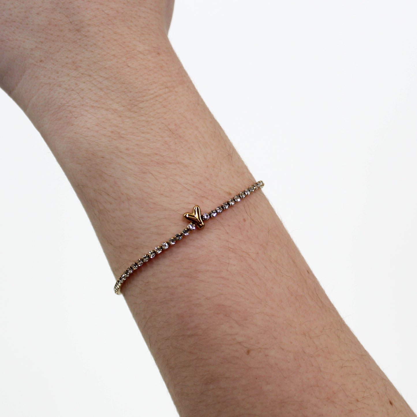 Rhinestone Letter Bracelet Y on a wrist with a white background