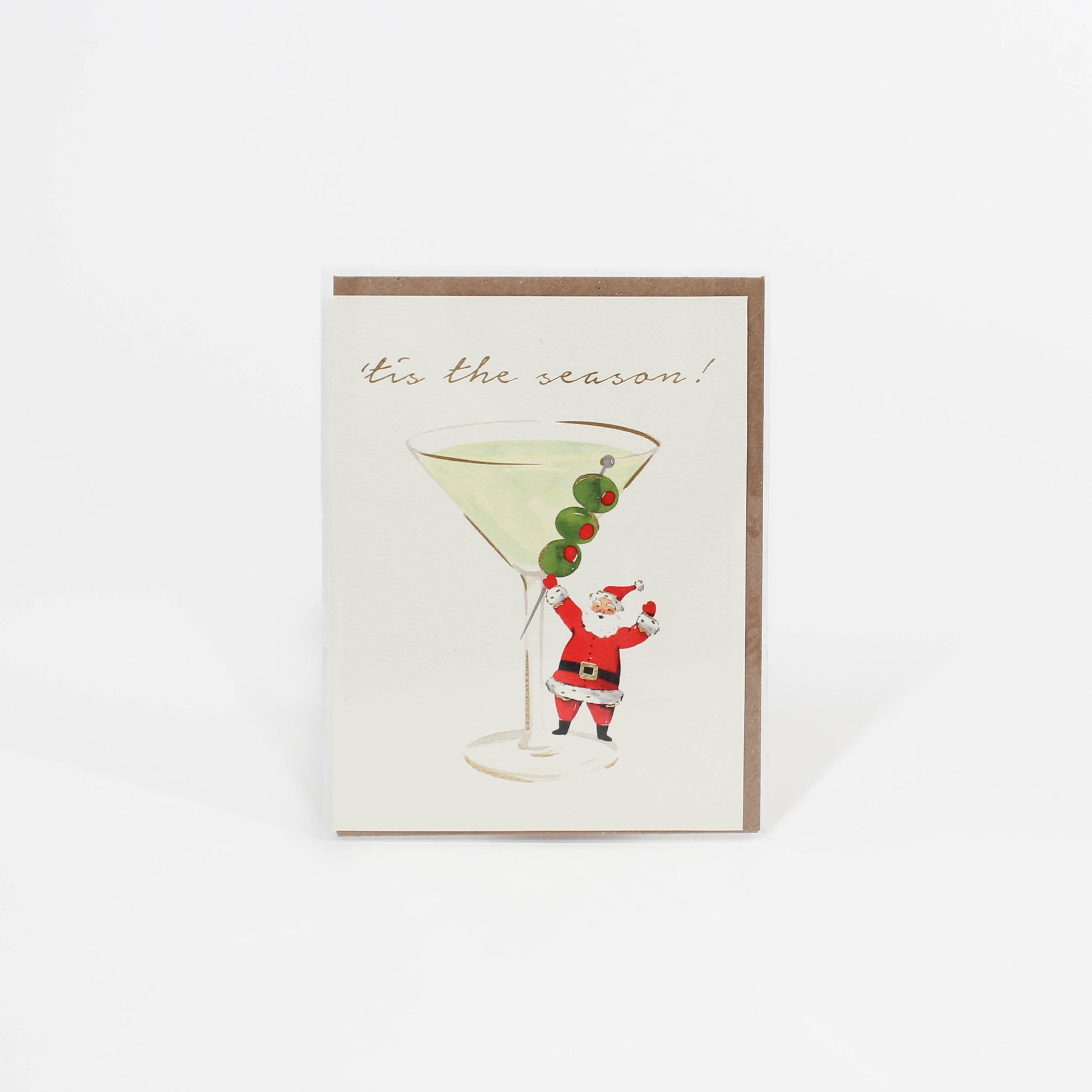 Greeting card with Santa Claus holding a martini glass and 'tis the season text on a white background