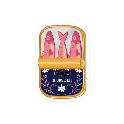 Container with fish illustration and 'In Olive Oil' written on the can