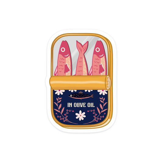 Container with fish illustration and 'In Olive Oil' written on the can