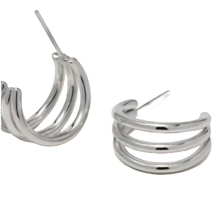 silver stacked triple hoop waterproof earrings