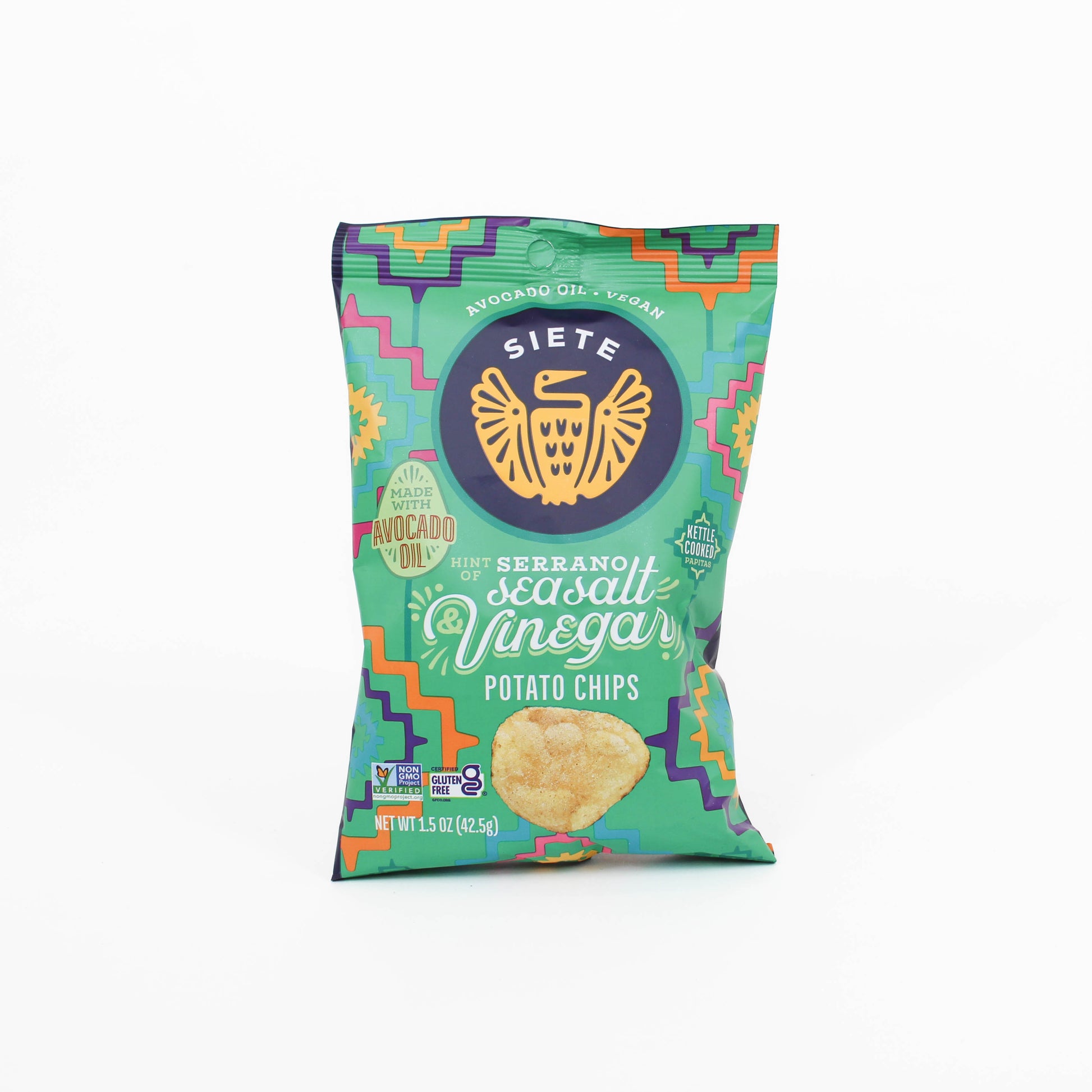 Siete brand potato chips on a white background