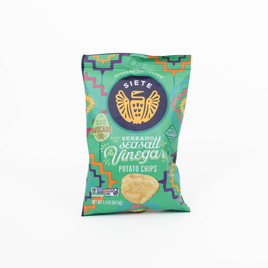 Siete brand potato chips on a white background