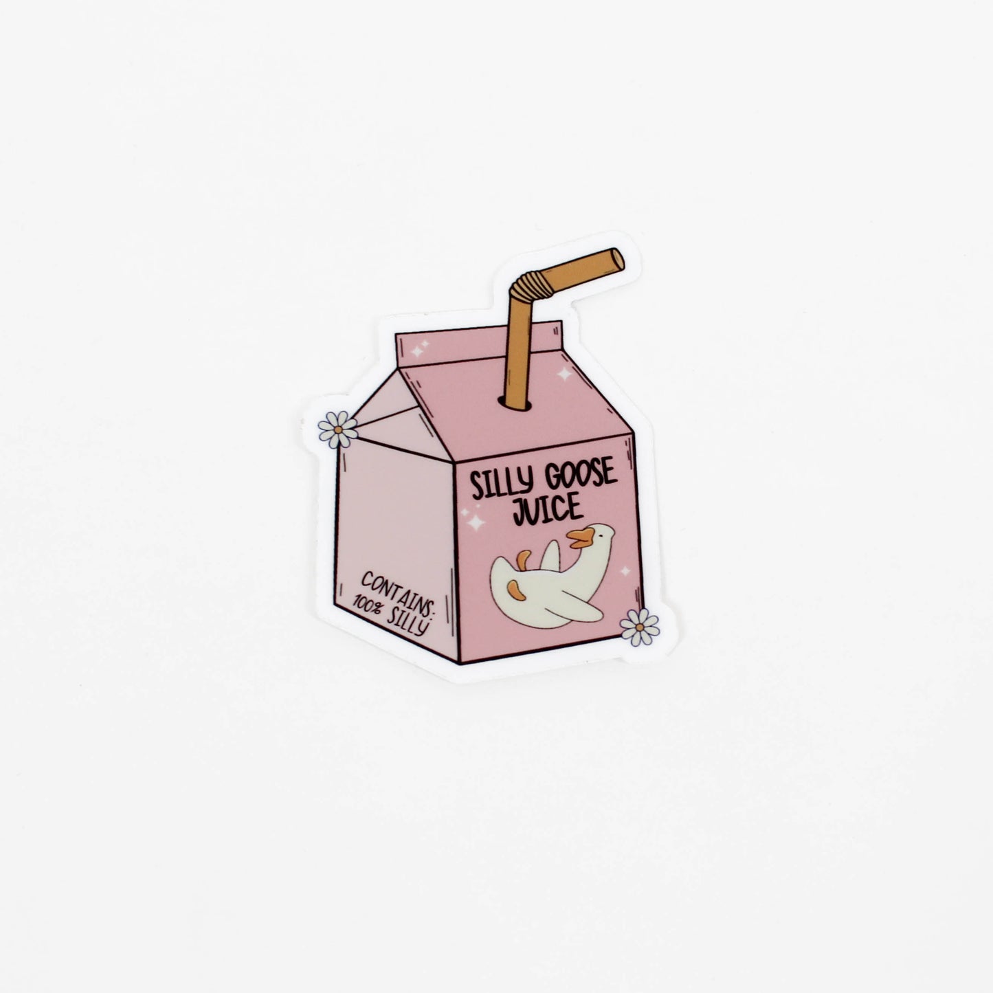 Cartoon juice carton labeled 'Silly Goose Juice' with a straw 