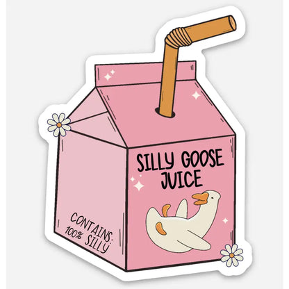 Cartoon labeled 'Silly Goose Juice' with a duck illustration on a white background.