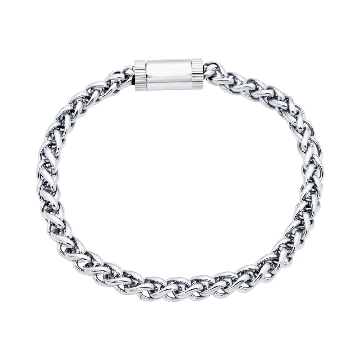 close up of silver chain bracelet on white background