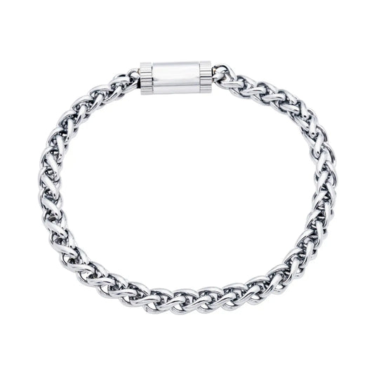 close up of silver chain bracelet on white background