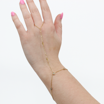 Gold stone charm hand chain bracelet on a hand against a white background