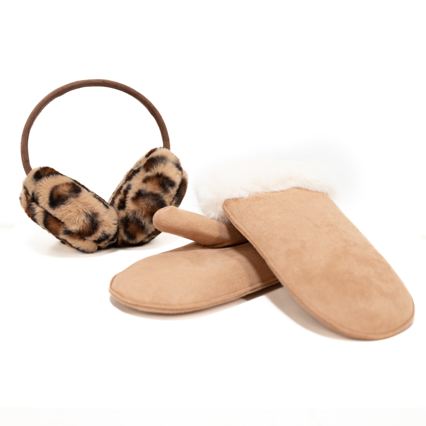 Tan Suede Mittens with faux fur with leopard earmuffs