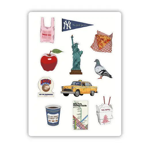 Collection of New York-themed stickers on a white background