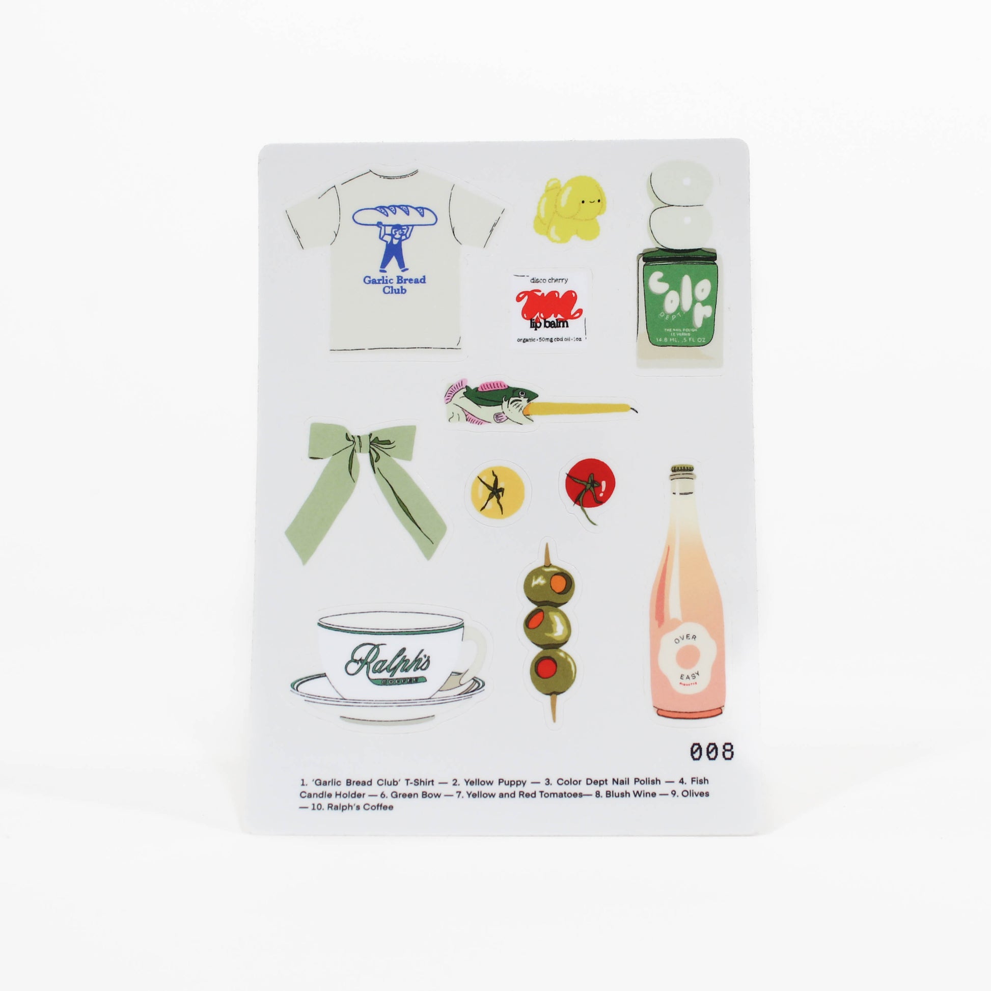 Product packaging with illustrations of a t-shirt, bottle, and other items 