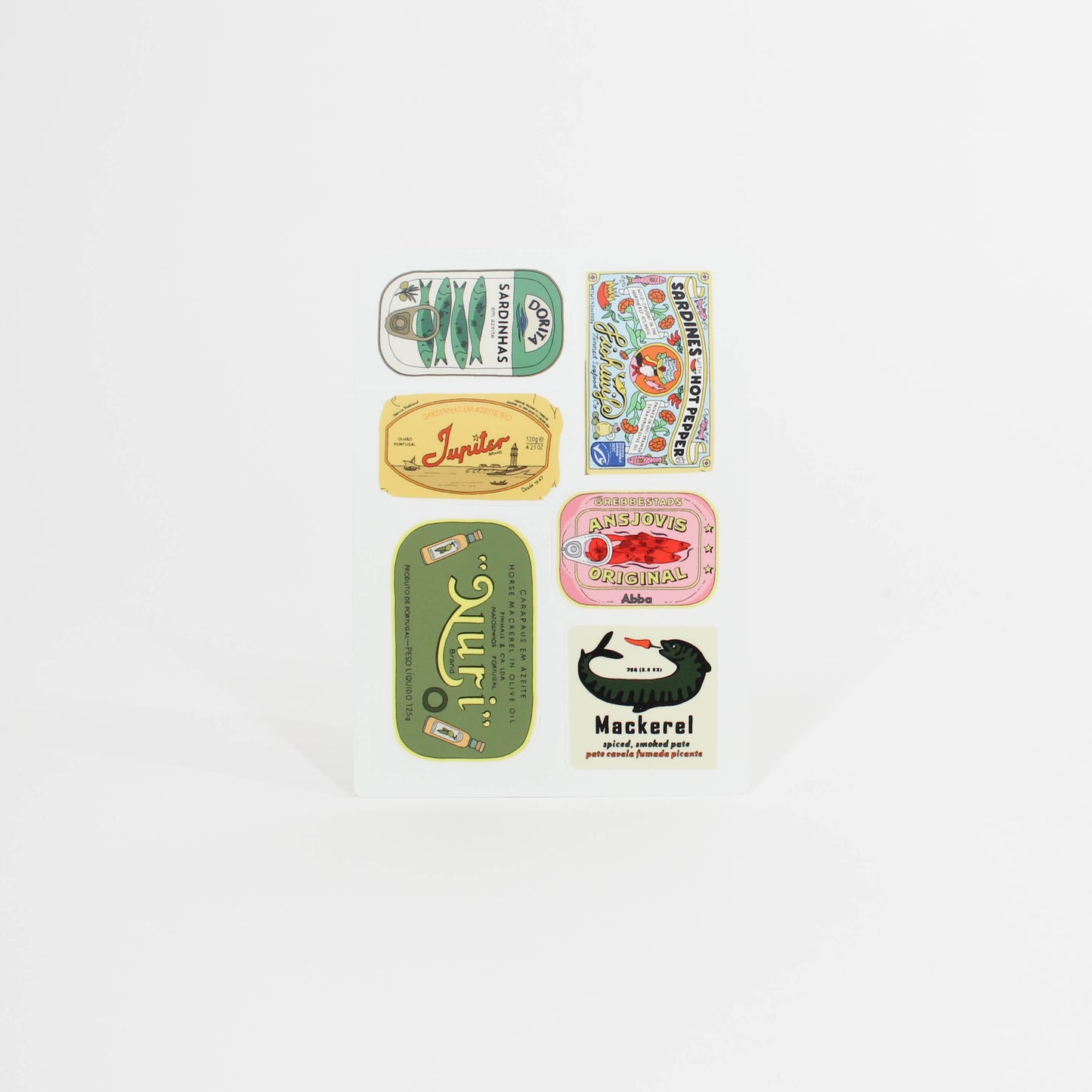 Set of vintage-style fish can labels on a white background