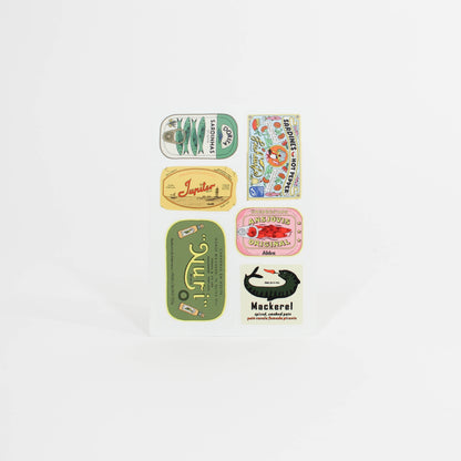 Set of vintage-style fish can labels on a white background