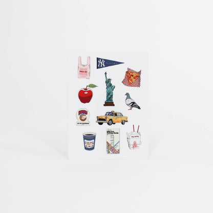 Collection of New York-themed stickers on a white background