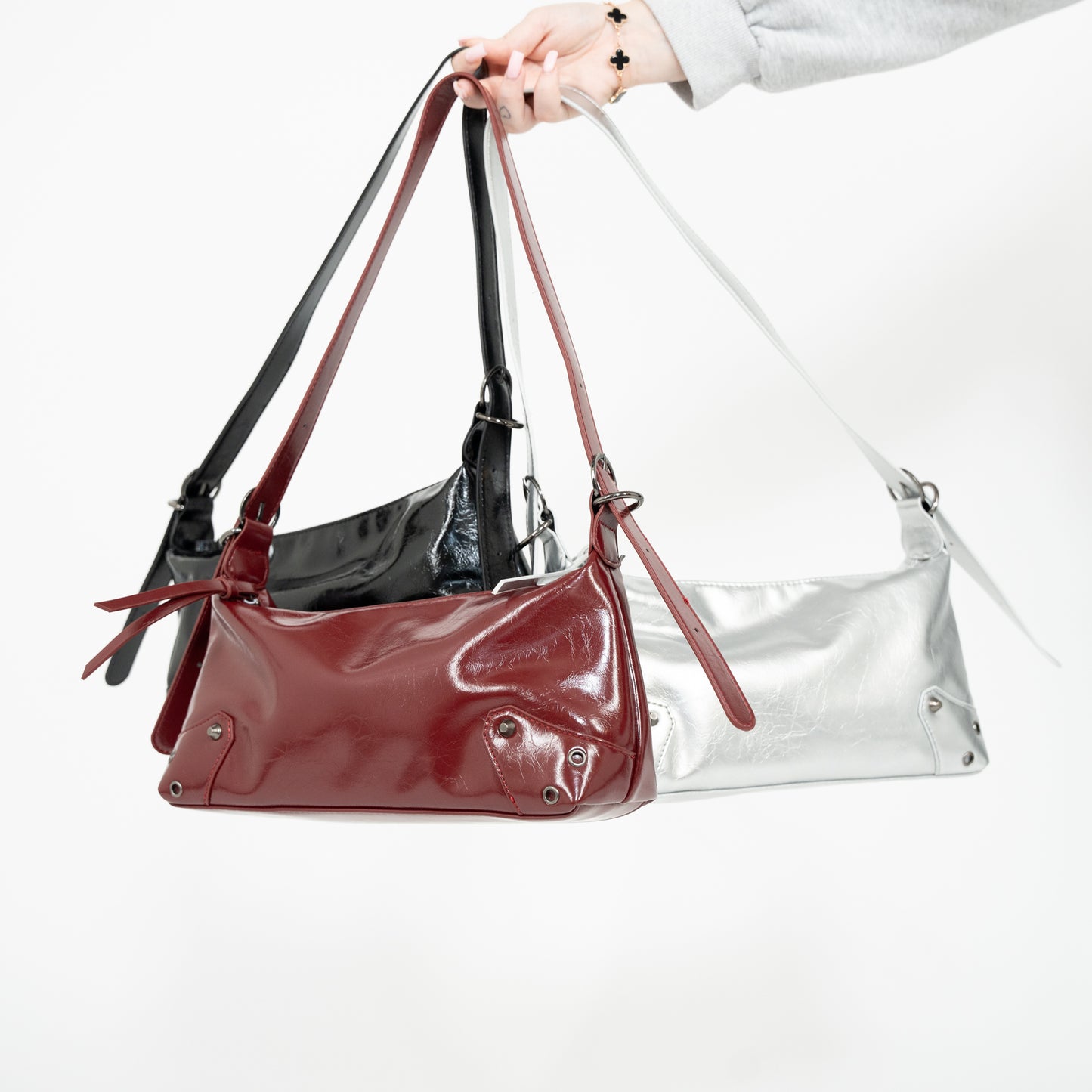 Trio of bags black, red and silver