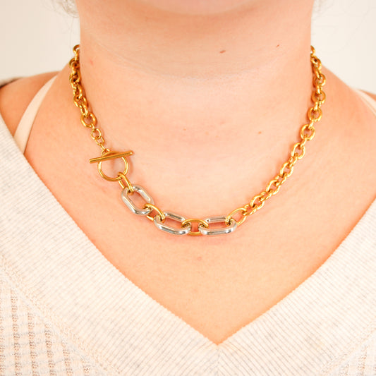 Two Tone Chain Necklace on model