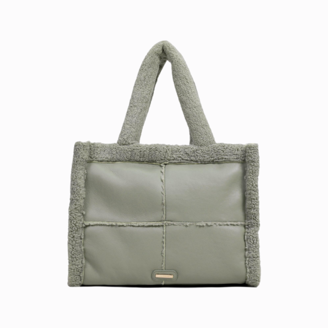 Sage green faux leather tote bag with sherpa detailing