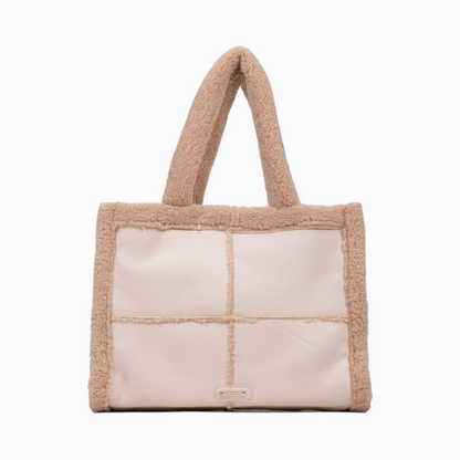 Ivory faux leather tote bag with sherpa detailing