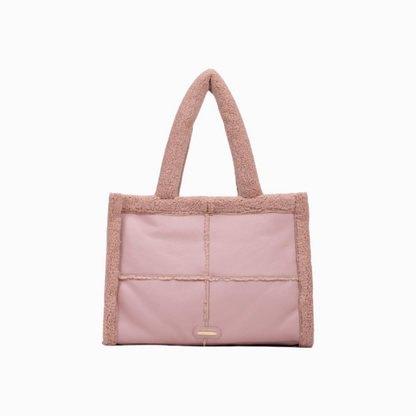 Pink faux leather tote bag with sherpa detailing