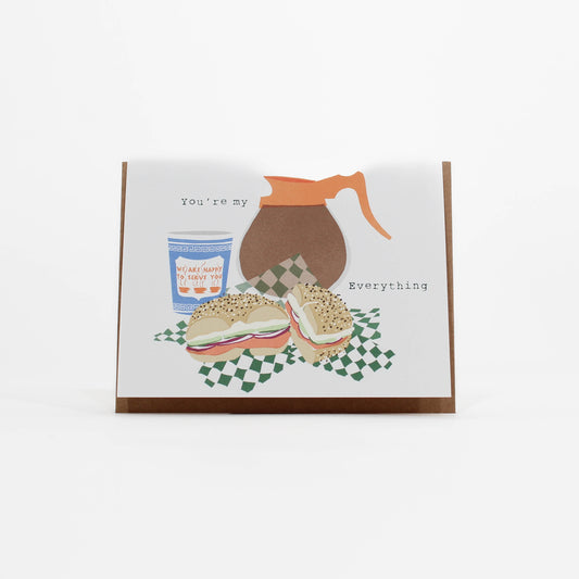 Card with illustration of a sandwich, coffee, and a person, with text on a white background
