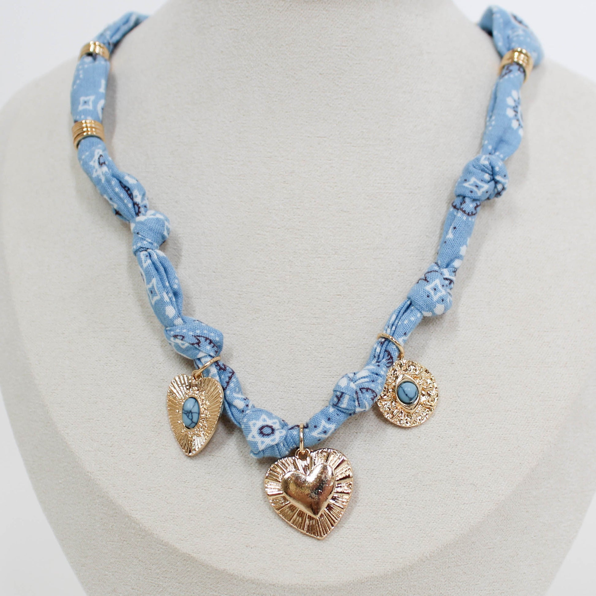 blue bandana necklace with gold charms