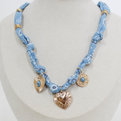 blue bandana necklace with gold charms