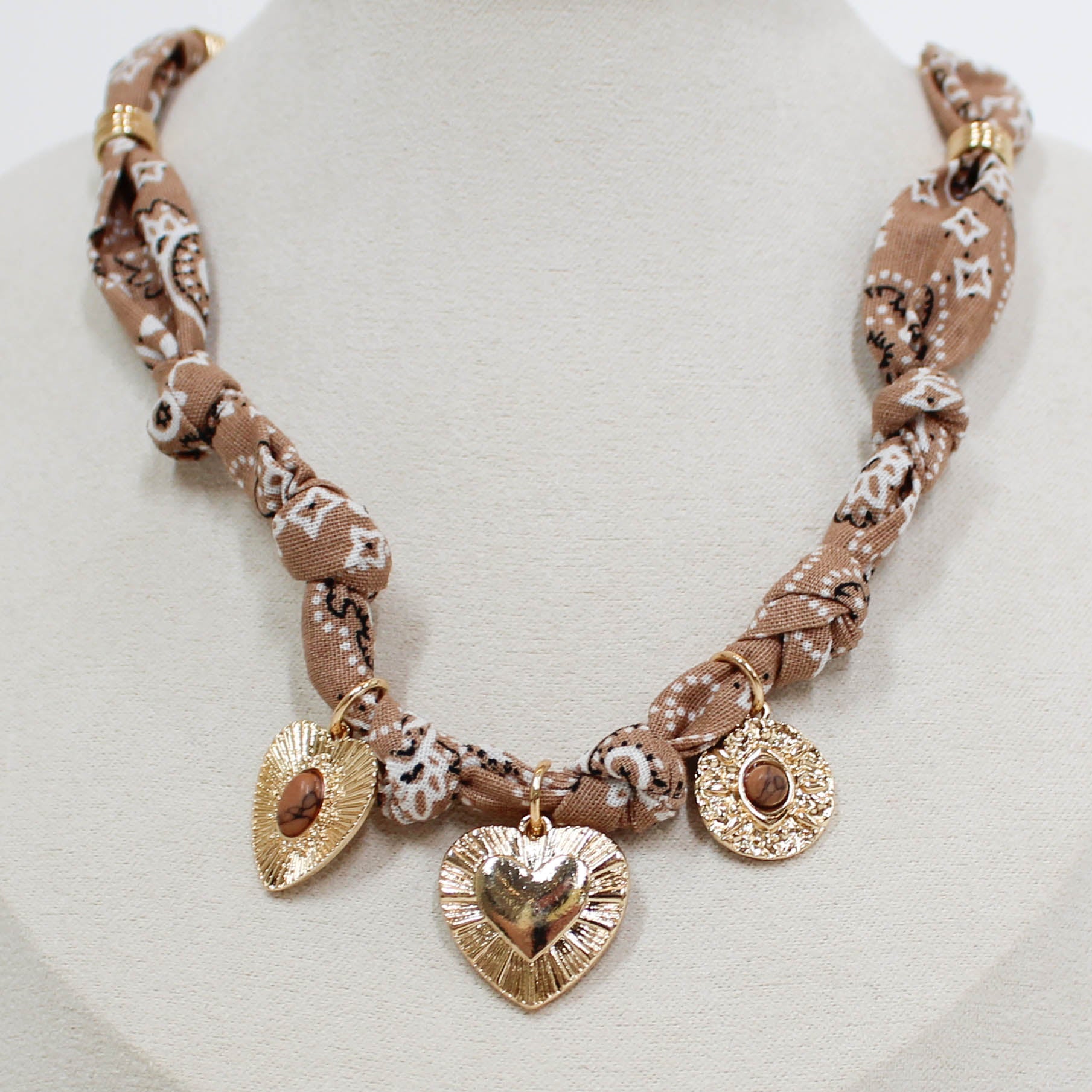 brown bandana necklace with gold charms