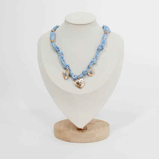 blue bandana necklace with gold charms