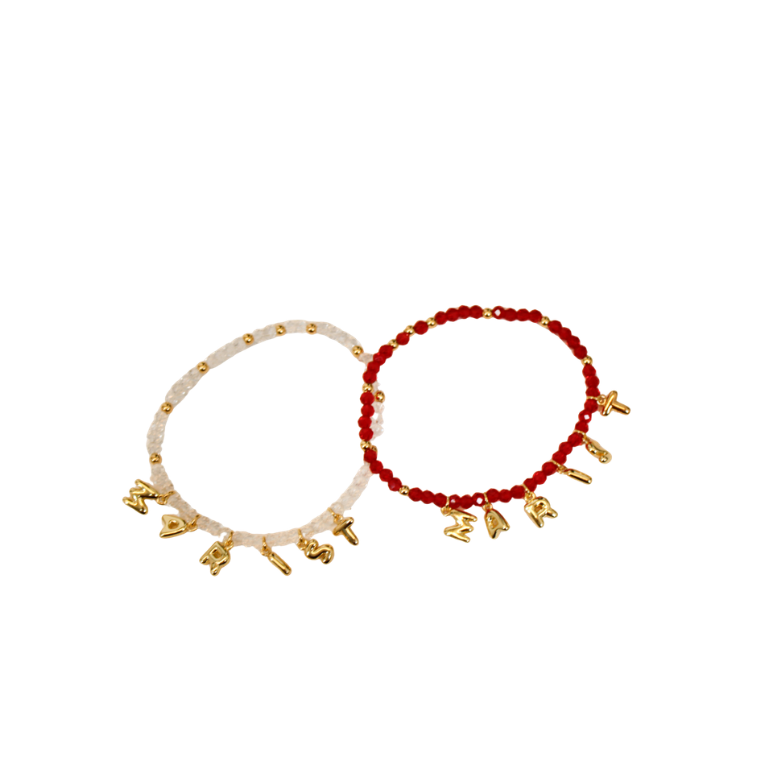 dainty. Marist Beaded Bracelet red and white wit gold letters