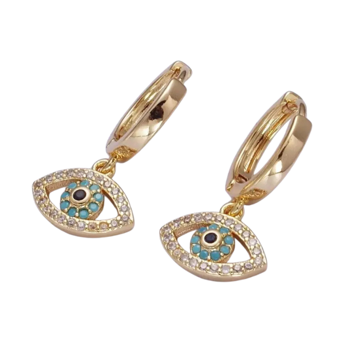 gold evil eye earrings with jewels on white background