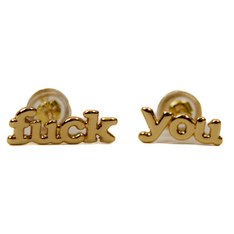 close up of f*ck you earrings gold on white background