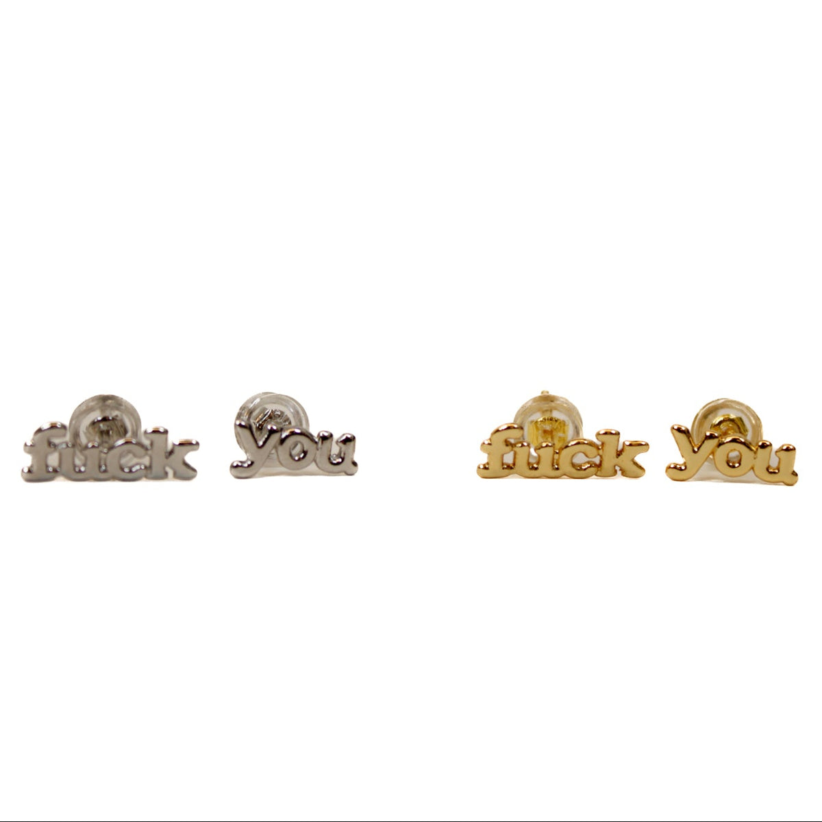 f*ck you earrings gold and silver on white background