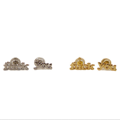 f*ck you earrings gold and silver on white background