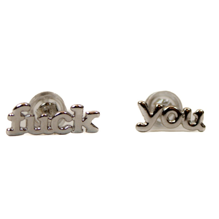 f*ck you earrings silver on white background